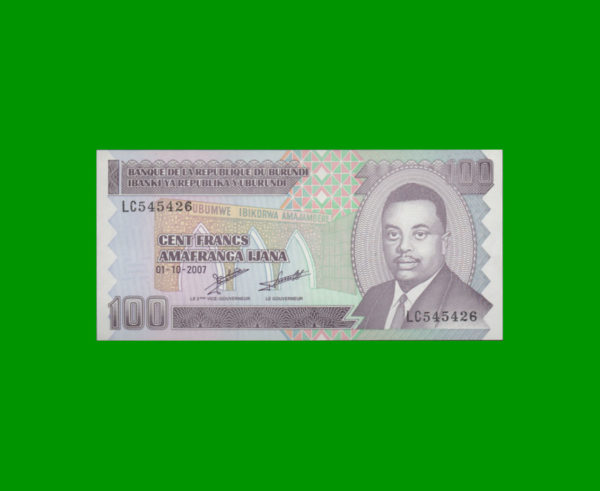 BILLETE DE
  BURUNDI 100 FRANCOS, PICK 37, ESTADO SIN CIRCULAR.-