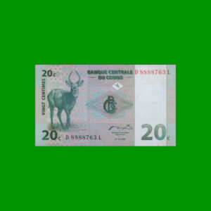 BILLETE DE
  CONGO 20 FRANCOS, PICK 83, ESTADO SIN CIRCULAR.-