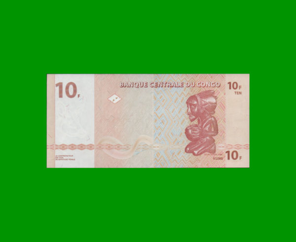 BILLETE DE
  CONGO 10 FRANCOS, PICK 93, ESTADO SIN CIRCULAR.- - Imagen 2
