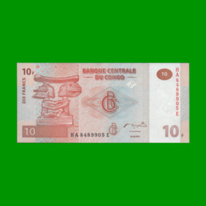 BILLETE DE
  CONGO 10 FRANCOS, PICK 93, ESTADO SIN CIRCULAR.-