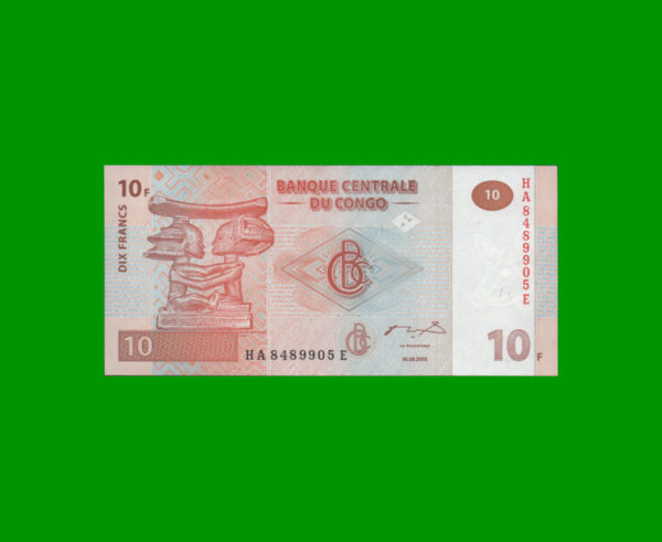 BILLETE DE
  CONGO 10 FRANCOS, PICK 93, ESTADO SIN CIRCULAR.-