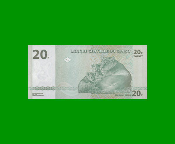 BILLETE DE
  CONGO 20 FRANCOS, PICK 94, ESTADO SIN CIRCULAR.- - Imagen 2