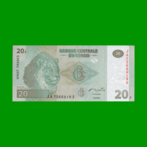 BILLETE DE
  CONGO 20 FRANCOS, PICK 94, ESTADO SIN CIRCULAR.-