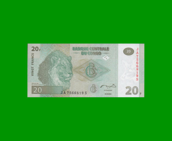 BILLETE DE
  CONGO 20 FRANCOS, PICK 94, ESTADO SIN CIRCULAR.-