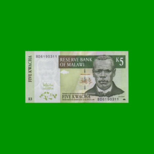BILLETE DE
  MALAWI 5,00 KWACHA, PICK 36c, ESTADO SIN CIRCULAR.-