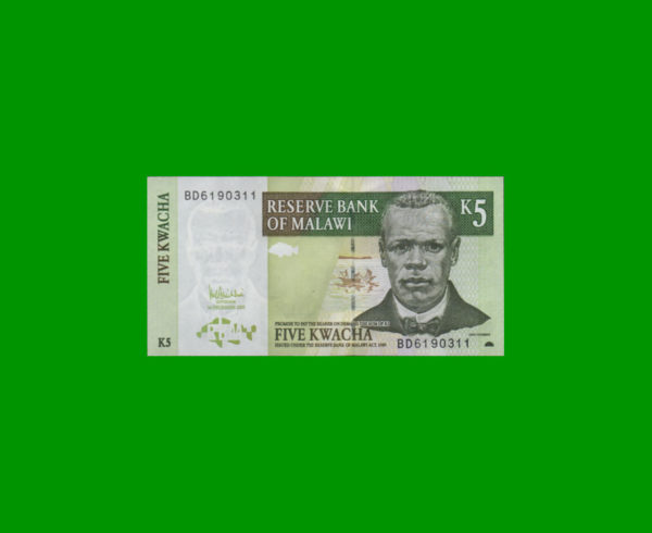 BILLETE DE
  MALAWI 5,00 KWACHA, PICK 36c, ESTADO SIN CIRCULAR.-
