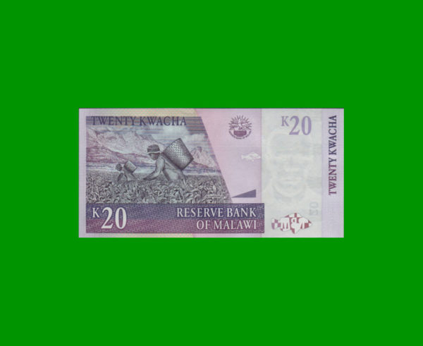 BILLETE DE
  MALAWI 20,00 KWACHA, PICK 52e, ESTADO SIN CIRCULAR.- - Imagen 2