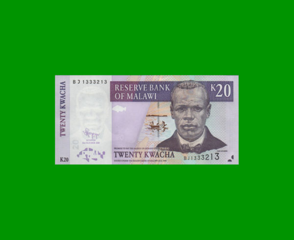 BILLETE DE
  MALAWI 20,00 KWACHA, PICK 52e, ESTADO SIN CIRCULAR.-