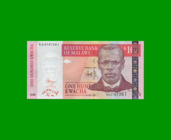 BILLETE DE
  MALAWI 100,00 KWACHA, PICK 54b, ESTADO SIN CIRCULAR.-