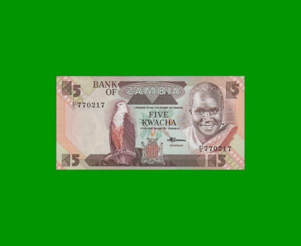 BILLETE DE
  ZAMBIA 5,00 KWACHA, PICK 25d, ESTADO SIN CIRCULAR.-