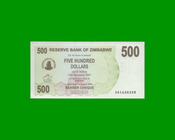 BILLETE DE
  ZIMBABWE 500,00 DOLARES, PICK 43, ESTADO EXCELENTE+.- - Imagen 2