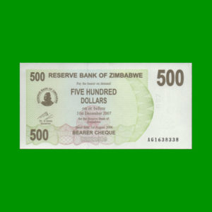 BILLETE DE
  ZIMBABWE 500,00 DOLARES, PICK 43, ESTADO EXCELENTE+.-