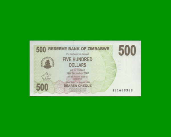 BILLETE DE
  ZIMBABWE 500,00 DOLARES, PICK 43, ESTADO EXCELENTE+.-