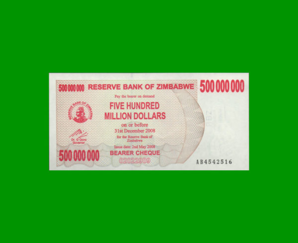 BILLETE DE
  ZIMBABWE 500.000.00,00 DOLARES, PICK 60, ESTADO SIN CIRCULAR.-