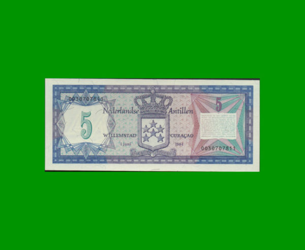 BILLETE DE
  ANTILLAS HOLANDESAS 5,00 GULDEN, PICK 15, ESTADO SIN CIRCULAR.-