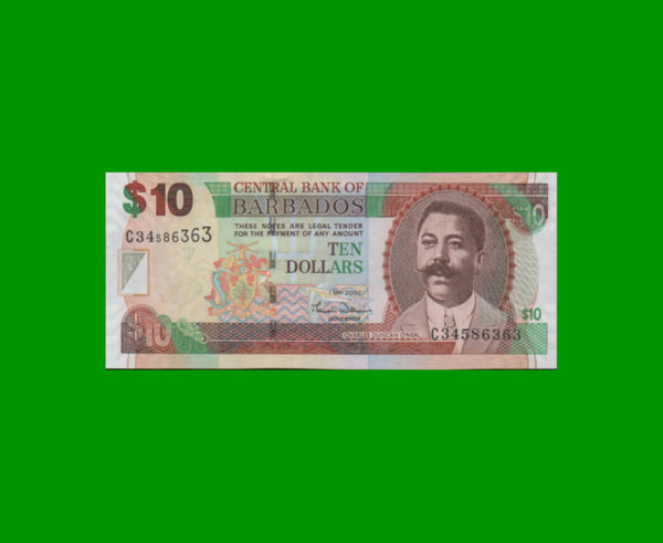 BILLETE DE
  BARBADOS 10 DOLARES, PICK 68, ESTADO SIN CIRCULAR.-