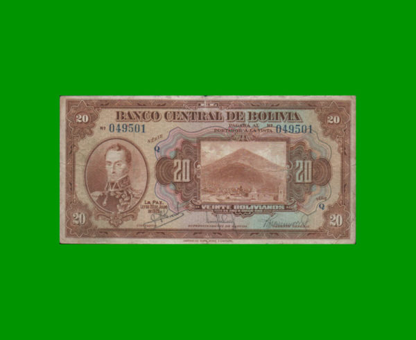 BILLETE DE
  BOLIVIA 20,00 BOLIVANOS, PICK 122, ESTADO BUENO.-