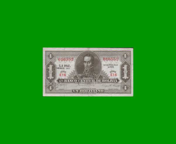 BILLETE DE
  BOLIVIA 1,00 BOLIVANO, PICK 128b, ESTADO BUENO+.-