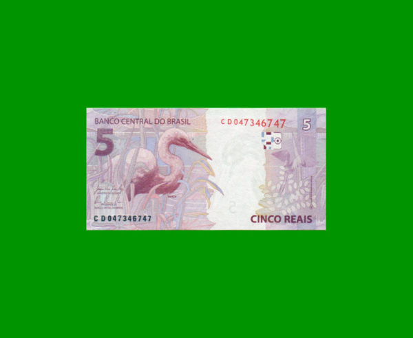 BILLETE DE  BRASIL 5,00 REALES, PICK 253b, ESTADO SIN CIRCULAR.- - Imagen 2