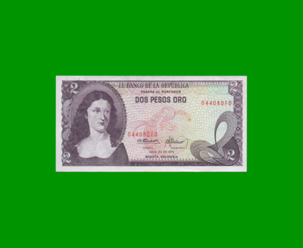 BILLETE DE
  COLOMBIA 2,00 PESOS, PICK 413b, ESTADO MUY BUENO+.-