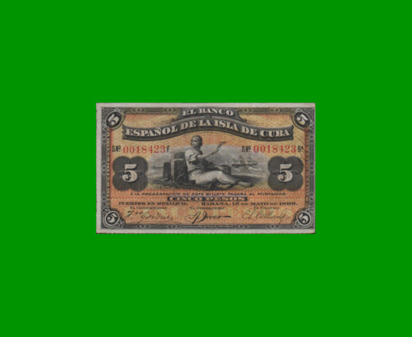 BILLETE DE
  CUBA 5,00 PESOS, PICK 48a, ESTADO MUY BUENO+.-