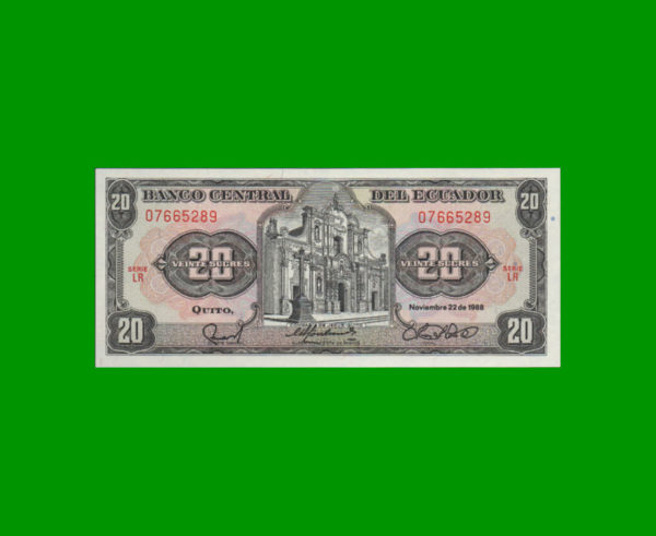 BILLETE DE
  ECUADOR 20,00 SUCRES, PICK 121Aa, ESTADO SIN CIRCULAR.-
