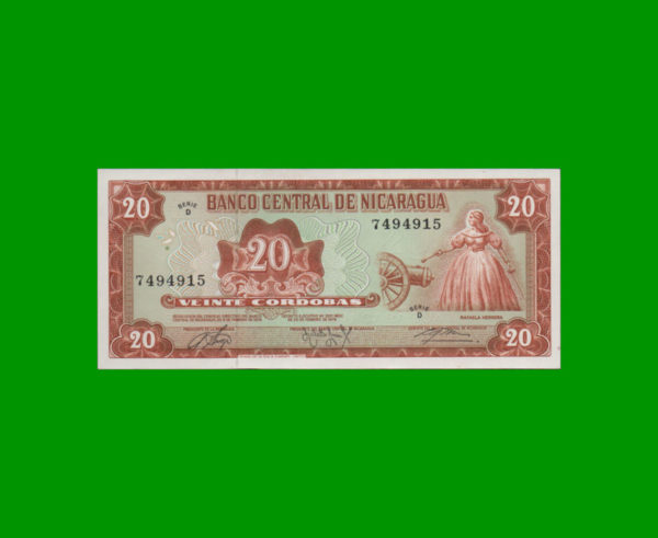 BILLETE DE
  NICARAGUA 20,00 CORDOBAS, PICK 124, ESTADO SIN CIRCULAR.-