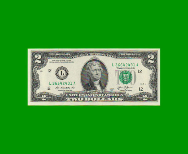 BILLETE DE
  USA 2,00 DOLARES SELLO VERDE, PICK 538, ESTADO SIN CIRCULAR.-