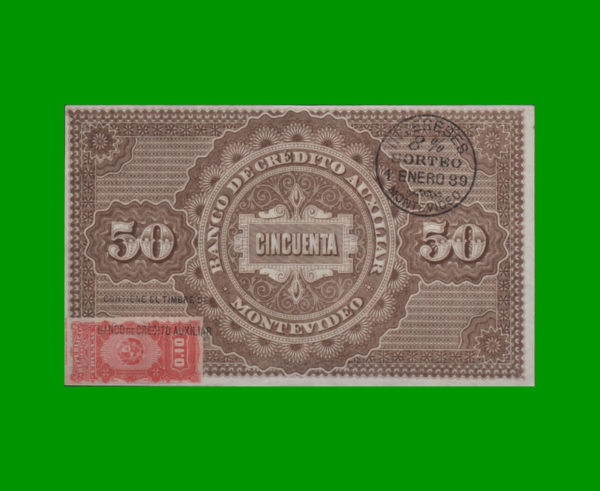 BILLETE DE
  URUGUAY 50,00 PESOS ORO SELLADO, BANCO DE CREDITO AUXILIAR, ESTADO SIN
  CIRCULAR.- - Imagen 2