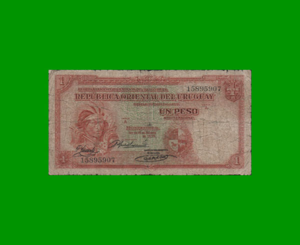 BILLETE DE
  URUGUAY 1,00 PESO, AÑO 1938, ESTADO BUENO.-