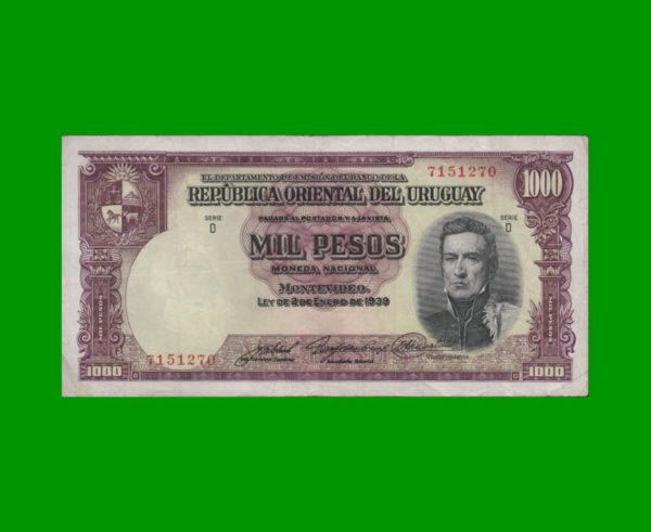 BILLETE DE
  URUGUAY 1.000,00 PESOS, ESTADO MUY BUENO+.-