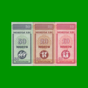 BILLETE DE
  MANGOLIA 10,00, 20,00 y 50,00 MONGO, ESTADO SIN CIRCULAR.-