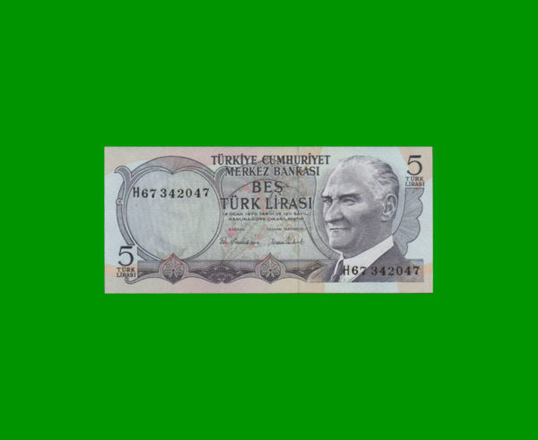 BILLETE DE
  TURQUIA 5,00 LIRAS, ESTADO SIN CIRCULAR.-