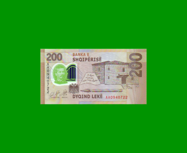 BILLETE DE
  ALBANIA 200,00 LEKE, POLYMERO, PICK NEW, ESTADO SIN CIRCULAR.- - Imagen 2
