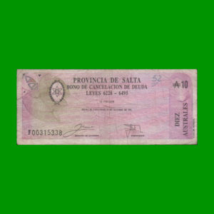 BONO DE SALTA
  10,00 AUSTRALES, EC 063, ESTADO BUENO+.-