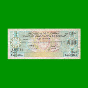 BONO DE
  TUCUMAN 10,00 AUSTRALES, EC 111, ESTADO BUENO.-