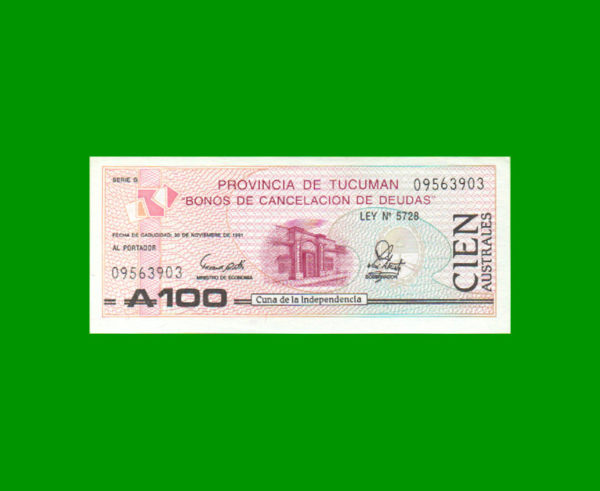 BONO DE
  TUCUMAN 100,00 AUSTRAL, EC 121, ESTADO SIN CIRCULAR.-