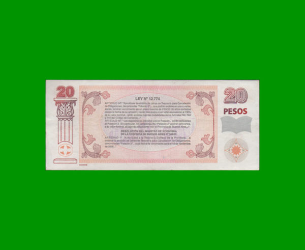 BONO DE
  BUENOS AIRES 20,00 PESOS, EC 222, ESTADO MUY BUENO+.- - Imagen 2