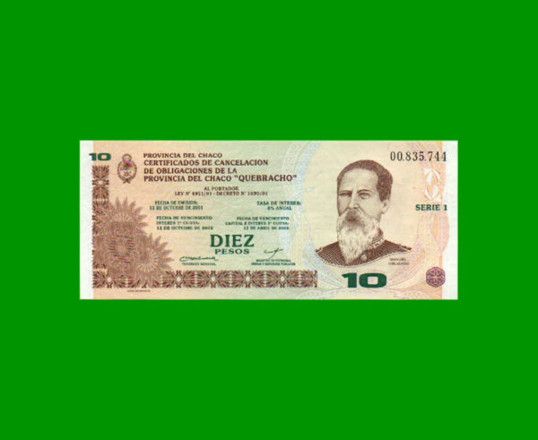 BONO DE CHACO
  10,00 PESOS, EC 248, ESTADO SIN CIRCULAR.-