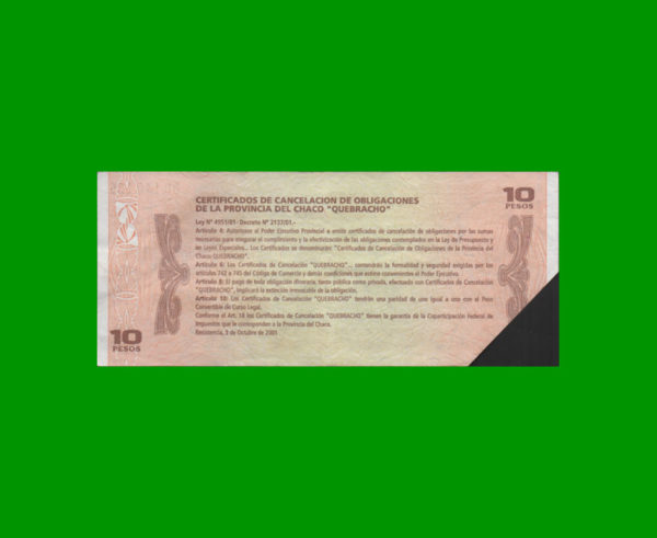 BONO DE CHACO
  10,00 PESOS, EC 249 DESMONETIZADO, ESTADO MUY BUENO+.- - Imagen 2