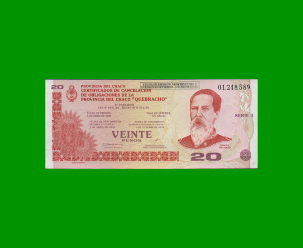 BONO DE CHACO
  20,00 PESOS, EC 253, ESTADO SIN CIRCULAR.-