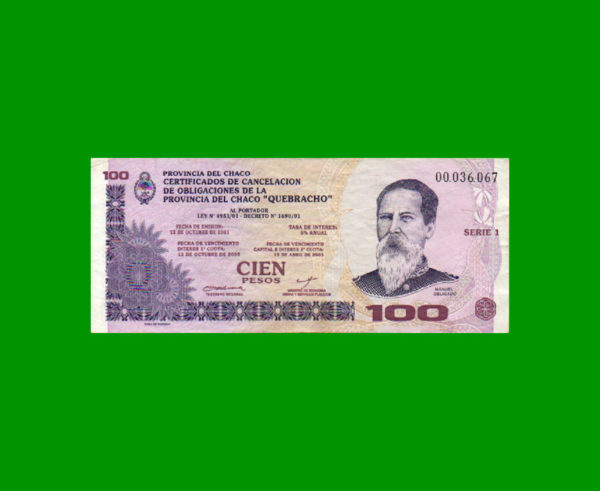 BONO DE CHACO
  100,00 PESOS, EC 257, ESTADO MUY BUENO.-