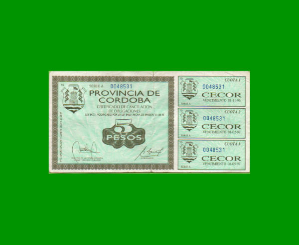 BONO DE
  CORDOBA 5,00 PESOS, EC 260, ESTADO BUENO+.-