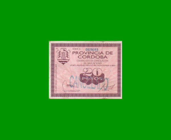 BONO DE  CORDOBA 20,00 PESOS, EC 261 ESTADO BUENO.-