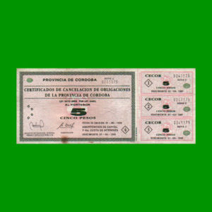 BONO DE  CORDOBA 5,00 PESOS, EC 263, ESTADO BUENO+.-