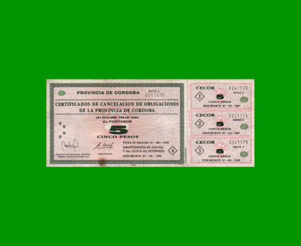 BONO DE  CORDOBA 5,00 PESOS, EC 263, ESTADO BUENO+.-