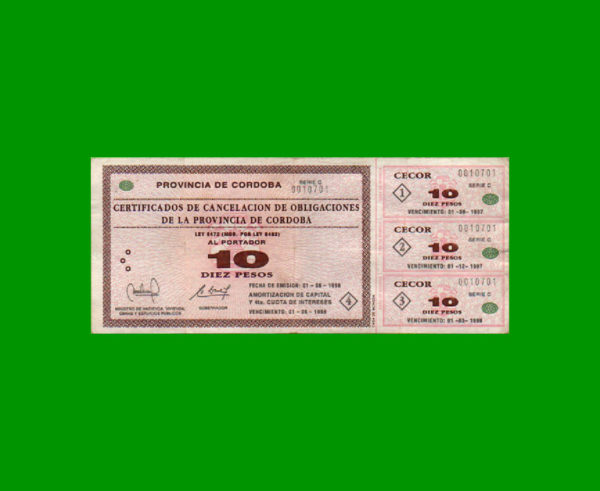BONO DE
  CORDOBA 10,00 PESOS, EC 265, ESTADO MUY BUENO- .-