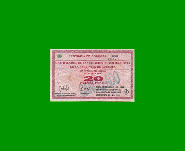 BONO DE
  CORDOBA 20,00 PESOS, EC 266, CANCELADO, ESTADO MUY BUENO+.-
