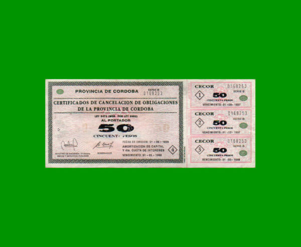 BONO DE  CORDOBA 50,00 PESOS, EC 269, FALSO DE LA EPOCA, ESTADO MUY BUENO+.-