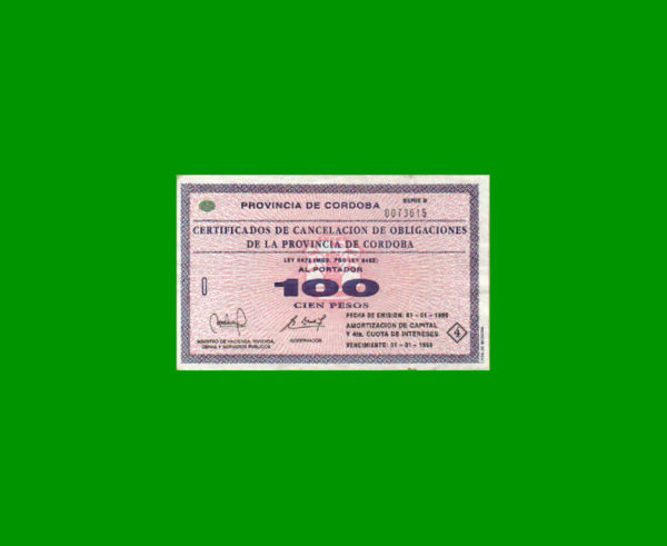 BONO DE
  CORDOBA 100,00 PESOS, EC 272, ESCASO, CANCELADO, ESTADO MUY BUENO.-